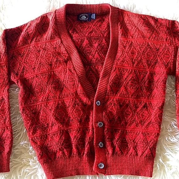 Vintage Aspetuck Cardigan Sweater red/black USA - Picture 1 of 10
